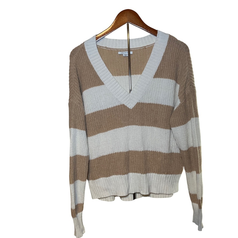 American Eagle Wonans Size Small Pullover Striped V Neck Sweater Tan White